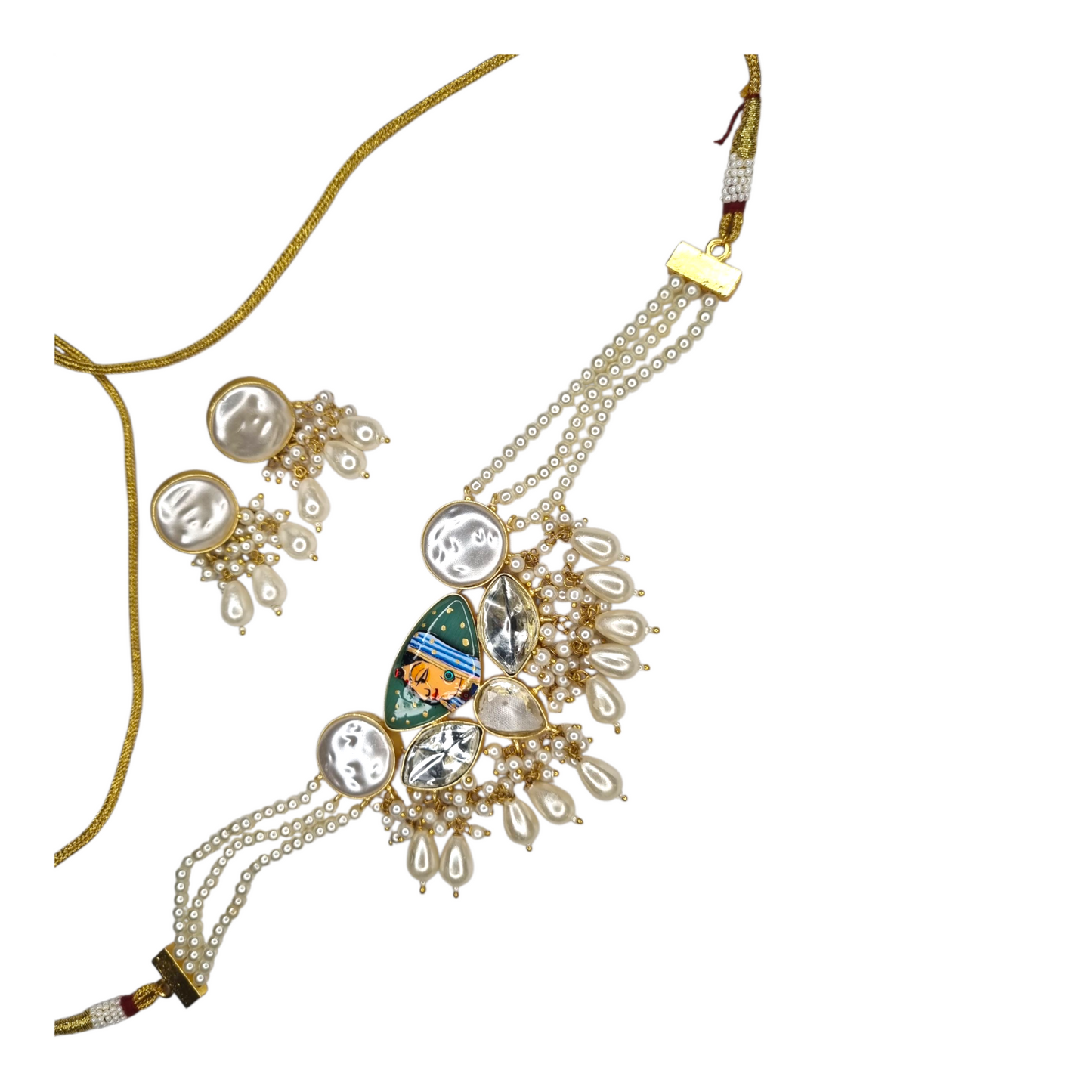 Traditional Brass Pearl & Kundan Necklace Set with Hand-Painted Pendant – Women’s Indian Jewelry