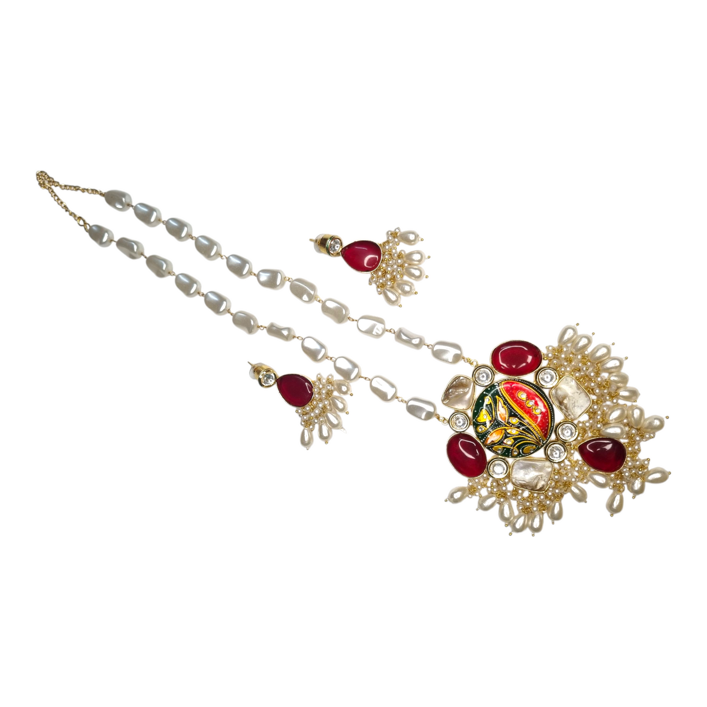 Rani Saahiba Pichwai Art Statement Necklace Set with Pearls, Kundan, and Red Stones