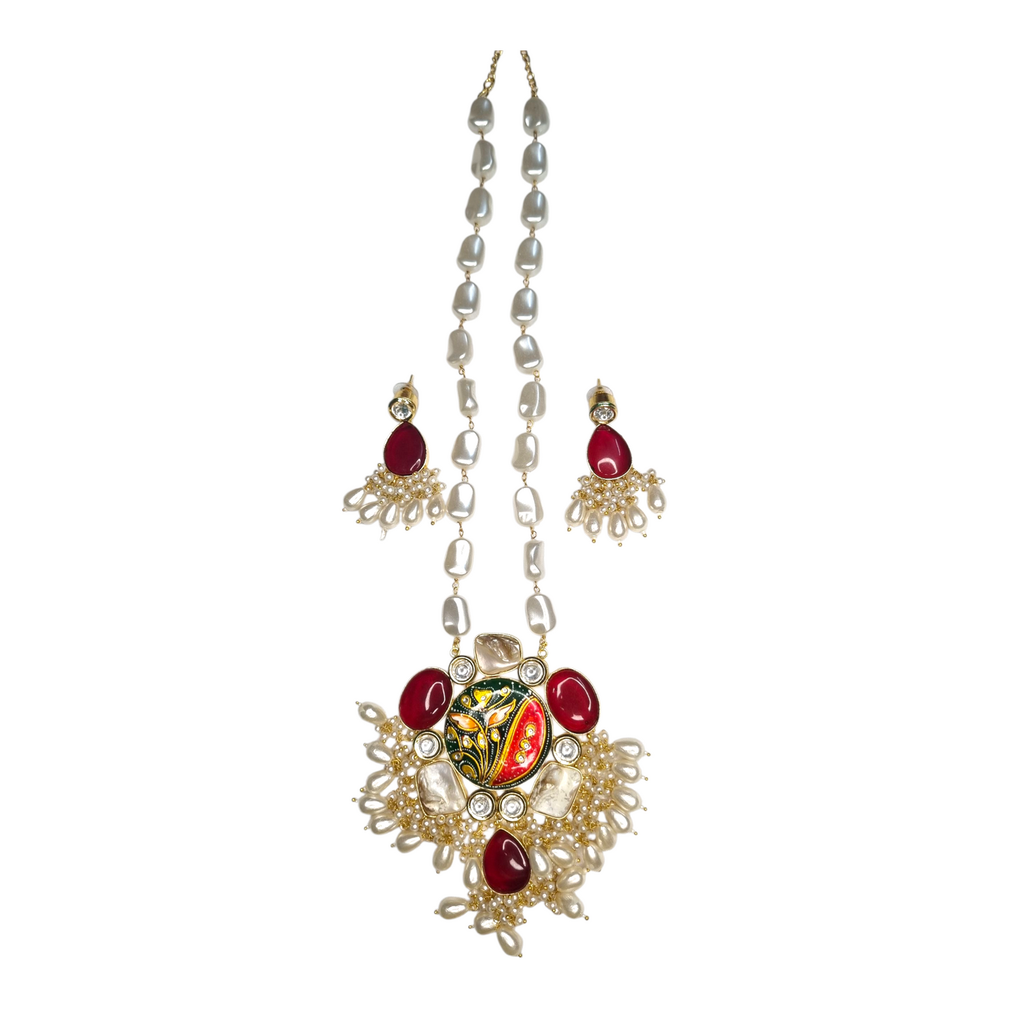 Rani Saahiba Pichwai Art Statement Necklace Set with Pearls, Kundan, and Red Stones