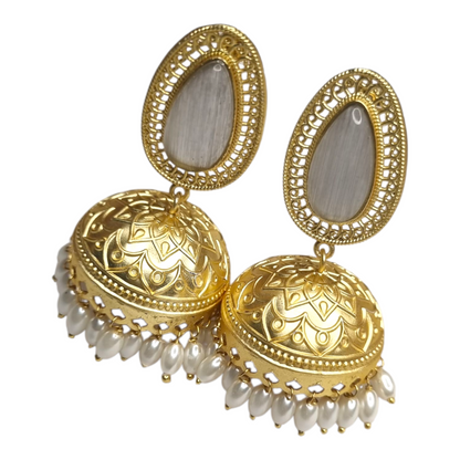 Jhumka Earrings with Oval Stone & Pearl Drops - Traditional Indian Jewelry for Women