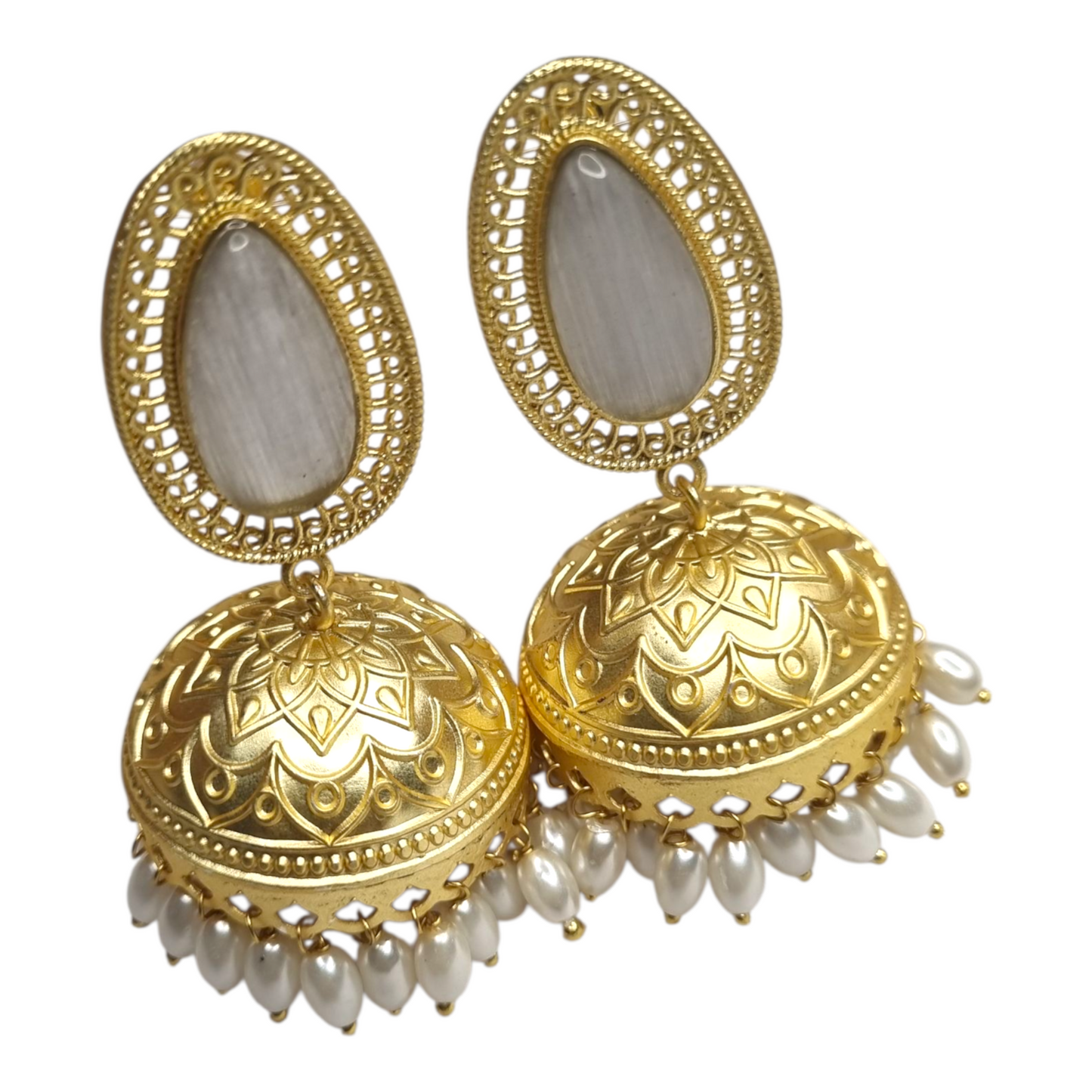 Jhumka Earrings with Oval Stone & Pearl Drops - Traditional Indian Jewelry for Women