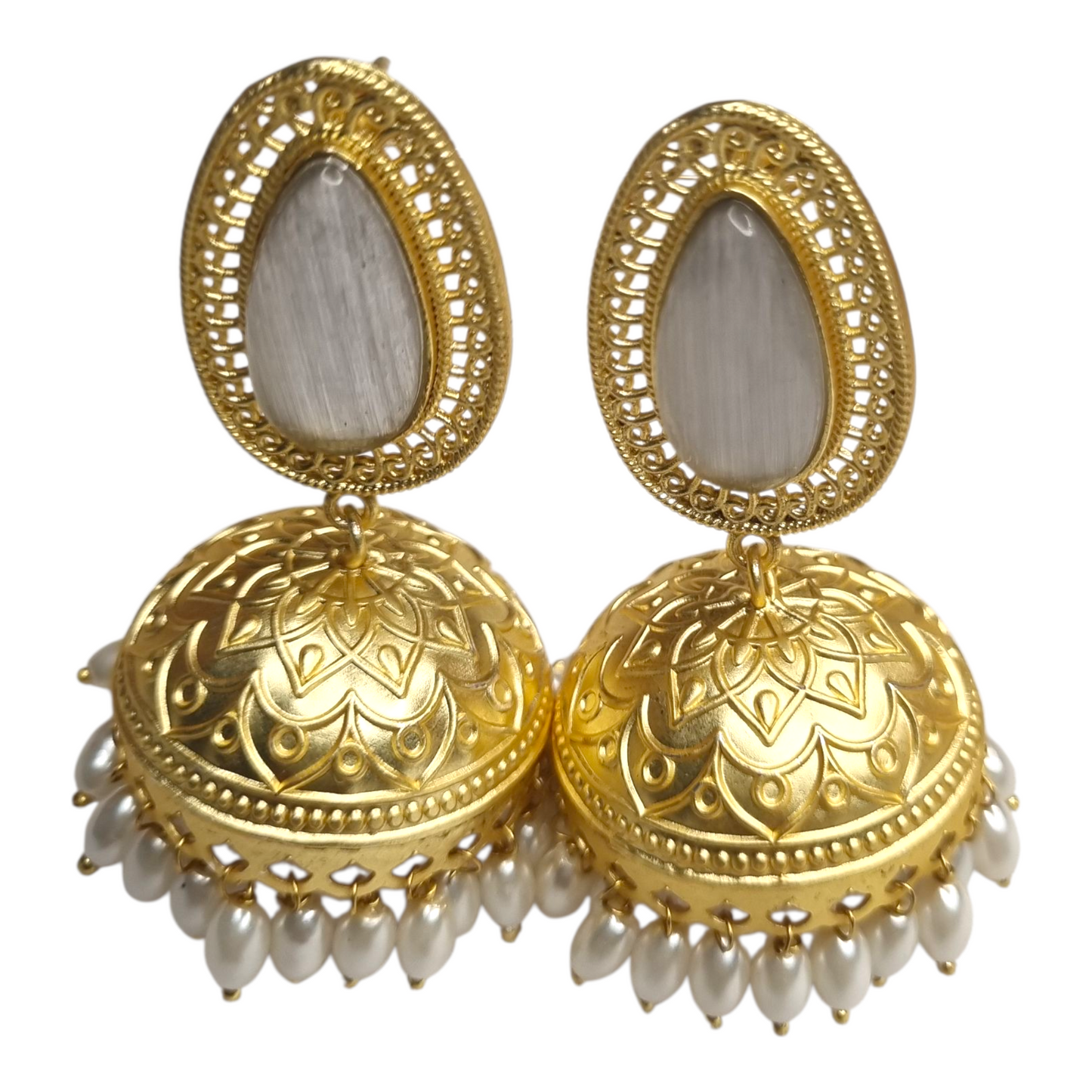 Jhumka Earrings with Oval Stone & Pearl Drops - Traditional Indian Jewelry for Women