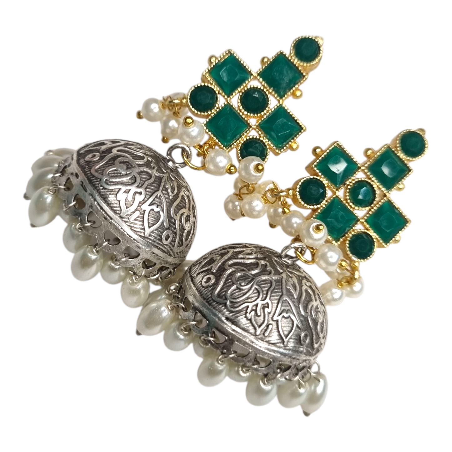 Oxidized Jhumka Earrings with Green Stone & Pearl Drops | Ethnic Indian Jewelry
