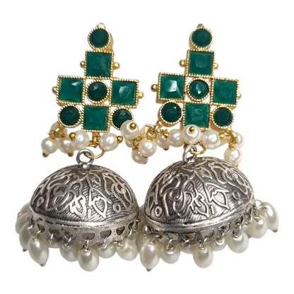 Oxidized Jhumka Earrings with Green Stone & Pearl Drops | Ethnic Indian Jewelry