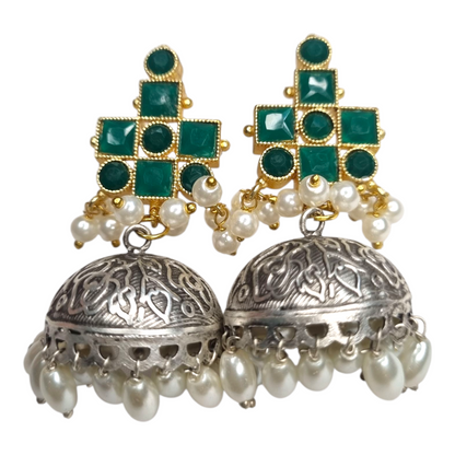 Oxidized Jhumka Earrings with Green Stone & Pearl Drops | Ethnic Indian Jewelry