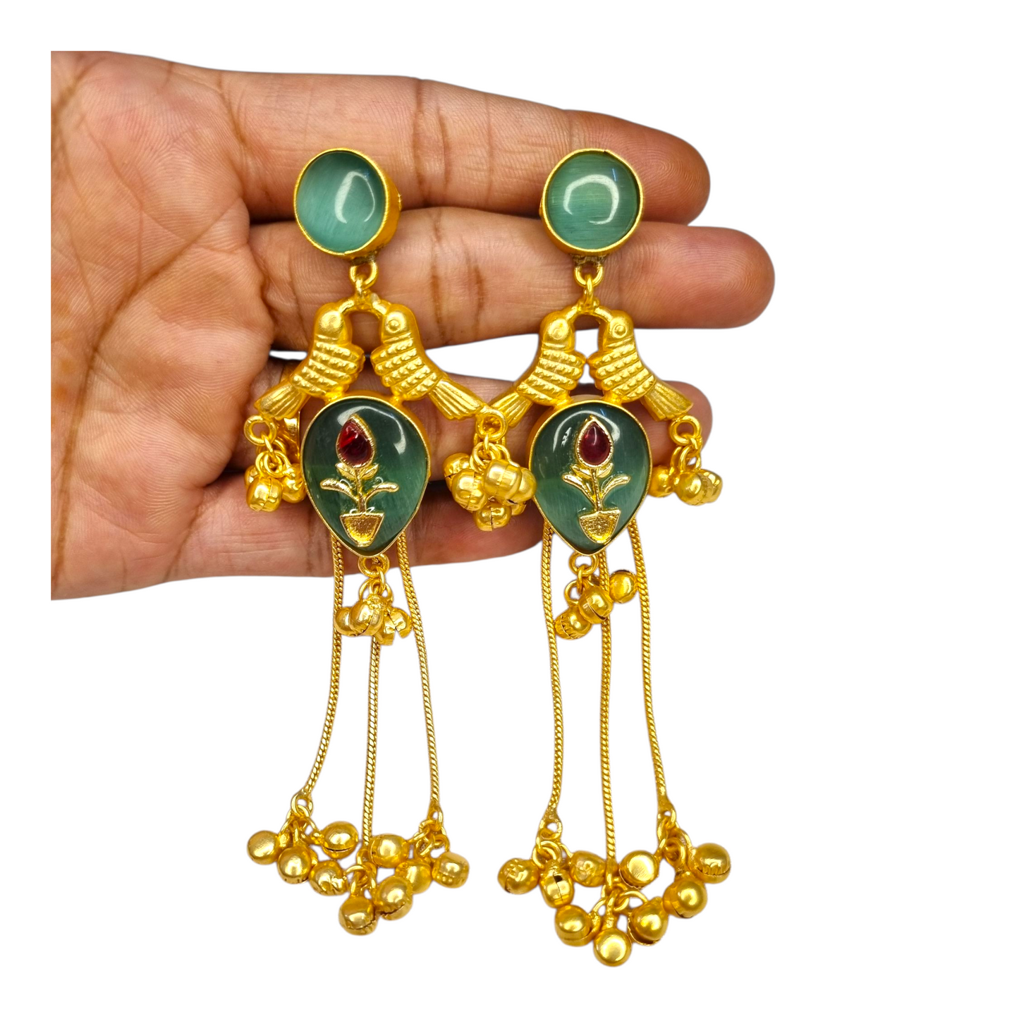 Kashmiri Earrings for Women | Brass Long Dangler Earrings with Enamel & Floral Motif | Traditional Festive Jewelry