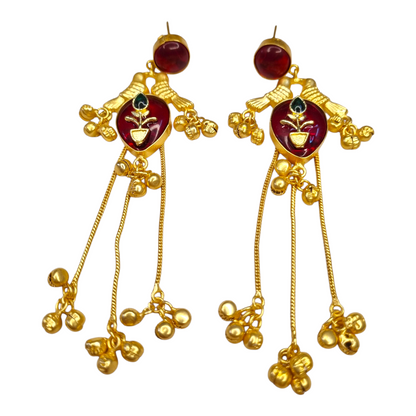Kashmiri Earrings for Women | Brass Long Dangler Earrings with Enamel & Floral Motif | Traditional Festive Jewelry