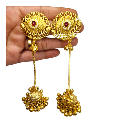 Kashmiri Earrings for Women | Traditional Brass Long Jhumka Earrings with Red Stone & Chain Drop | Ethnic Wedding Jewelry