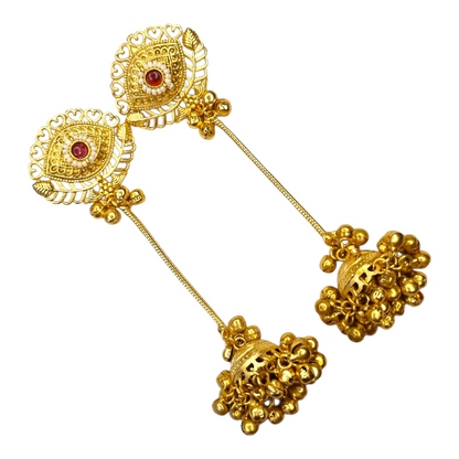 Kashmiri Earrings for Women | Traditional Brass Long Jhumka Earrings with Red Stone & Chain Drop | Ethnic Wedding Jewelry
