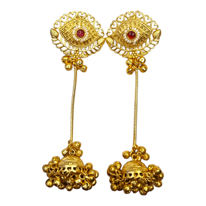 Kashmiri Earrings for Women | Traditional Brass Long Jhumka Earrings with Red Stone & Chain Drop | Ethnic Wedding Jewelry