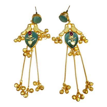 Kashmiri Earrings for Women | Brass Long Dangler Earrings with Enamel & Floral Motif | Traditional Festive Jewelry