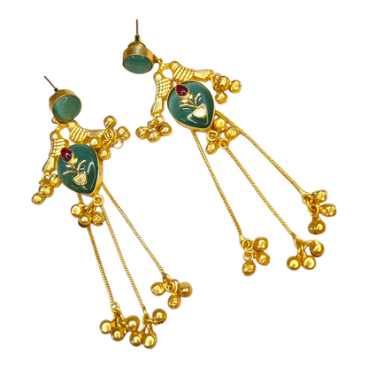 Kashmiri Earrings for Women | Brass Long Dangler Earrings with Enamel & Floral Motif | Traditional Festive Jewelry
