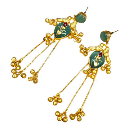 Kashmiri Earrings for Women | Brass Long Dangler Earrings with Enamel & Floral Motif | Traditional Festive Jewelry
