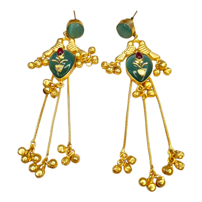 Kashmiri Earrings for Women | Brass Long Dangler Earrings with Enamel & Floral Motif | Traditional Festive Jewelry