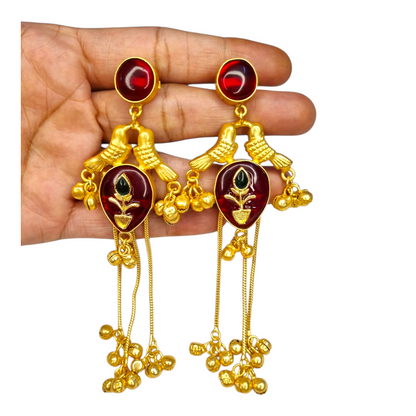 Kashmiri Earrings for Women | Brass Long Dangler Earrings with Enamel & Floral Motif | Traditional Festive Jewelry