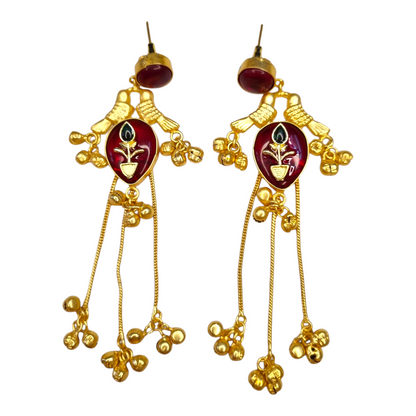 Kashmiri Earrings for Women | Brass Long Dangler Earrings with Enamel & Floral Motif | Traditional Festive Jewelry