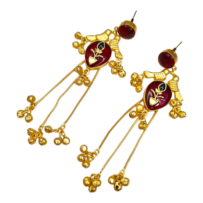 Kashmiri Earrings for Women | Brass Long Dangler Earrings with Enamel & Floral Motif | Traditional Festive Jewelry