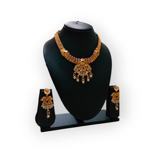 Traditional Matte Gold Temple Necklace Set with Earrings
