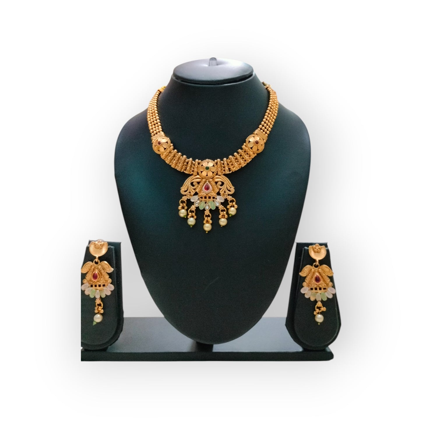 Traditional Matte Gold Temple Necklace Set with Earrings