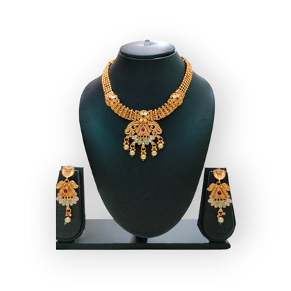 Traditional Matte Gold Temple Necklace Set with Earrings