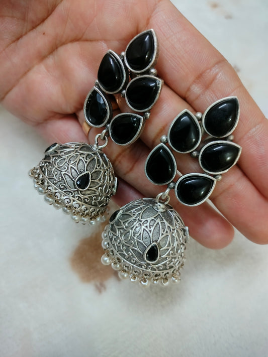 Sajobhi™ Bohemian Oxidized Silver Jhumkas with Teardrop Black Stones