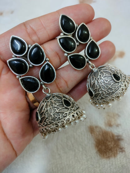 Sajobhi™ Bohemian Oxidized Silver Jhumkas with Teardrop Black Stones
