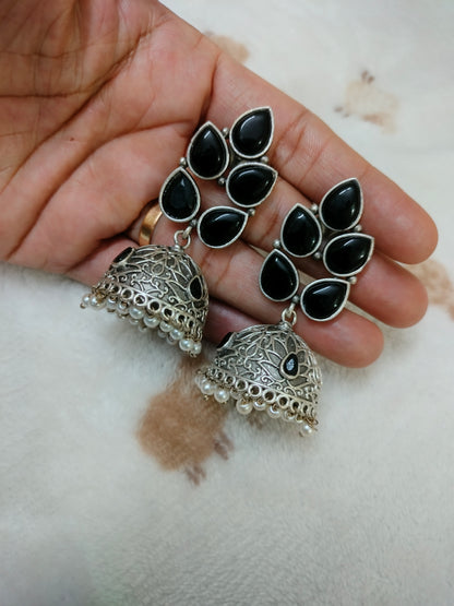 Sajobhi™ Bohemian Oxidized Silver Jhumkas with Teardrop Black Stones