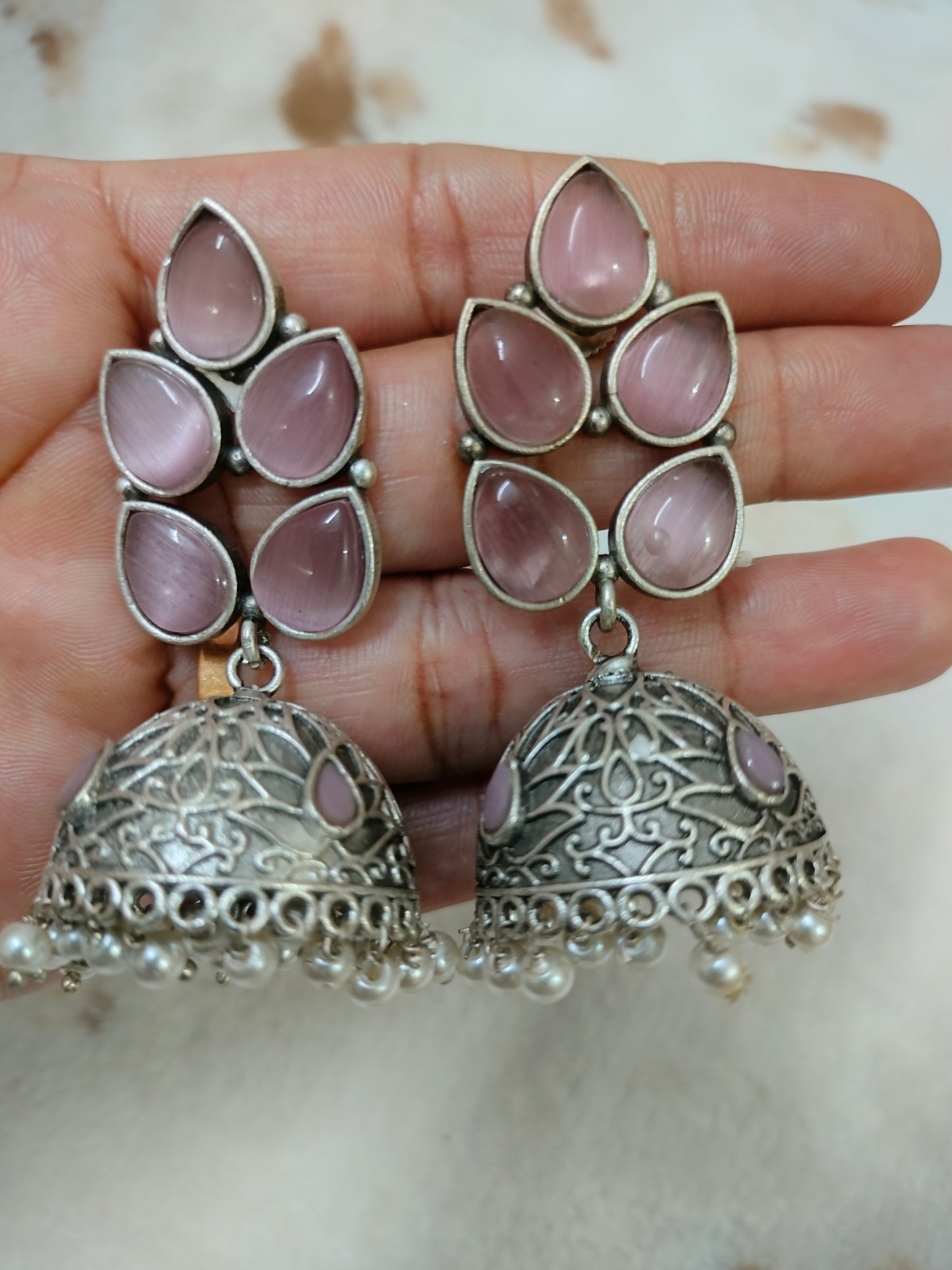 Sajobhi™ Bohemian Oxidized Silver Jhumkas with Teardrop Light Pink Stones