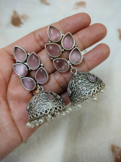 Sajobhi™ Bohemian Oxidized Silver Jhumkas with Teardrop Light Pink Stones