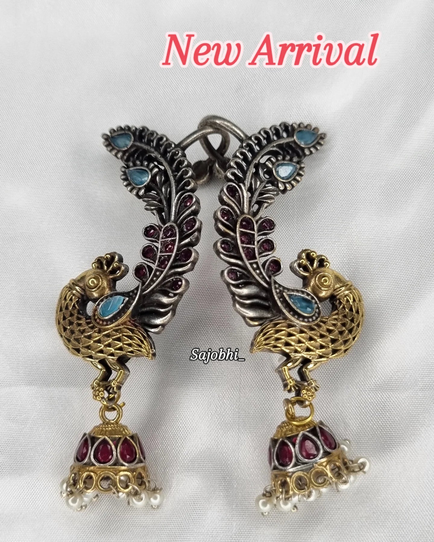 Sajobhi™ Ethnic Fusion Peacock Dangler Jhumkis with Red & Blue Accents
