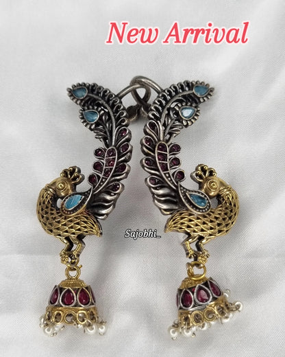 Sajobhi™ Ethnic Fusion Peacock Dangler Jhumkis with Red & Blue Accents