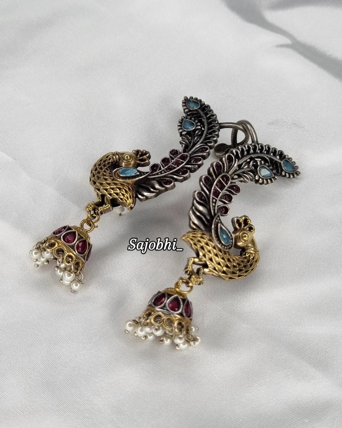 Sajobhi™ Ethnic Fusion Peacock Dangler Jhumkis with Red & Blue Accents