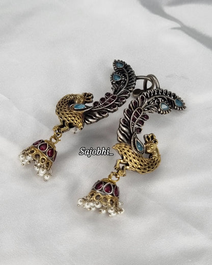 Sajobhi™ Ethnic Fusion Peacock Dangler Jhumkis with Red & Blue Accents