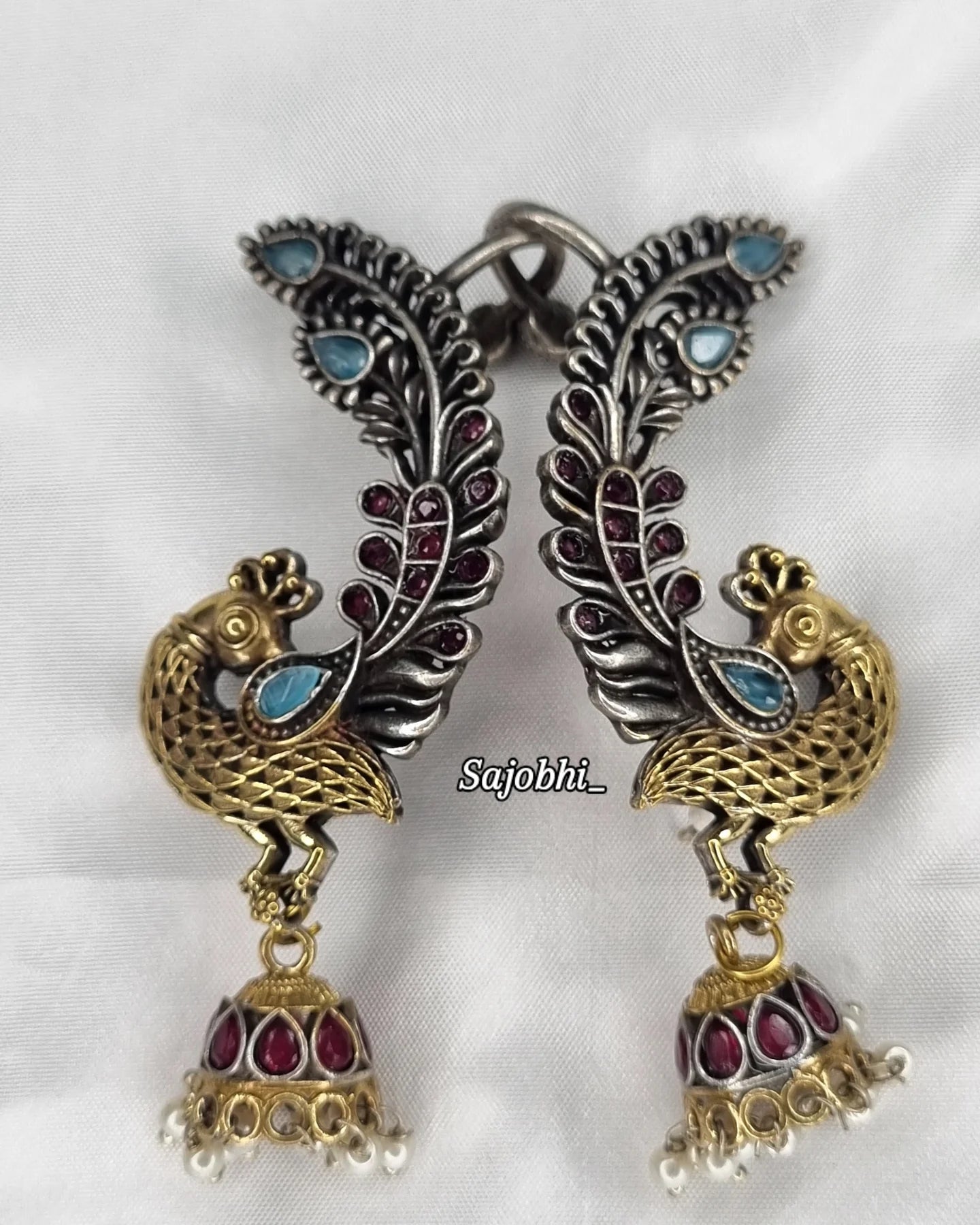 Sajobhi™ Ethnic Fusion Peacock Dangler Jhumkis with Red & Blue Accents