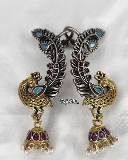 Sajobhi™ Ethnic Fusion Peacock Dangler Jhumkis with Red & Blue Accents