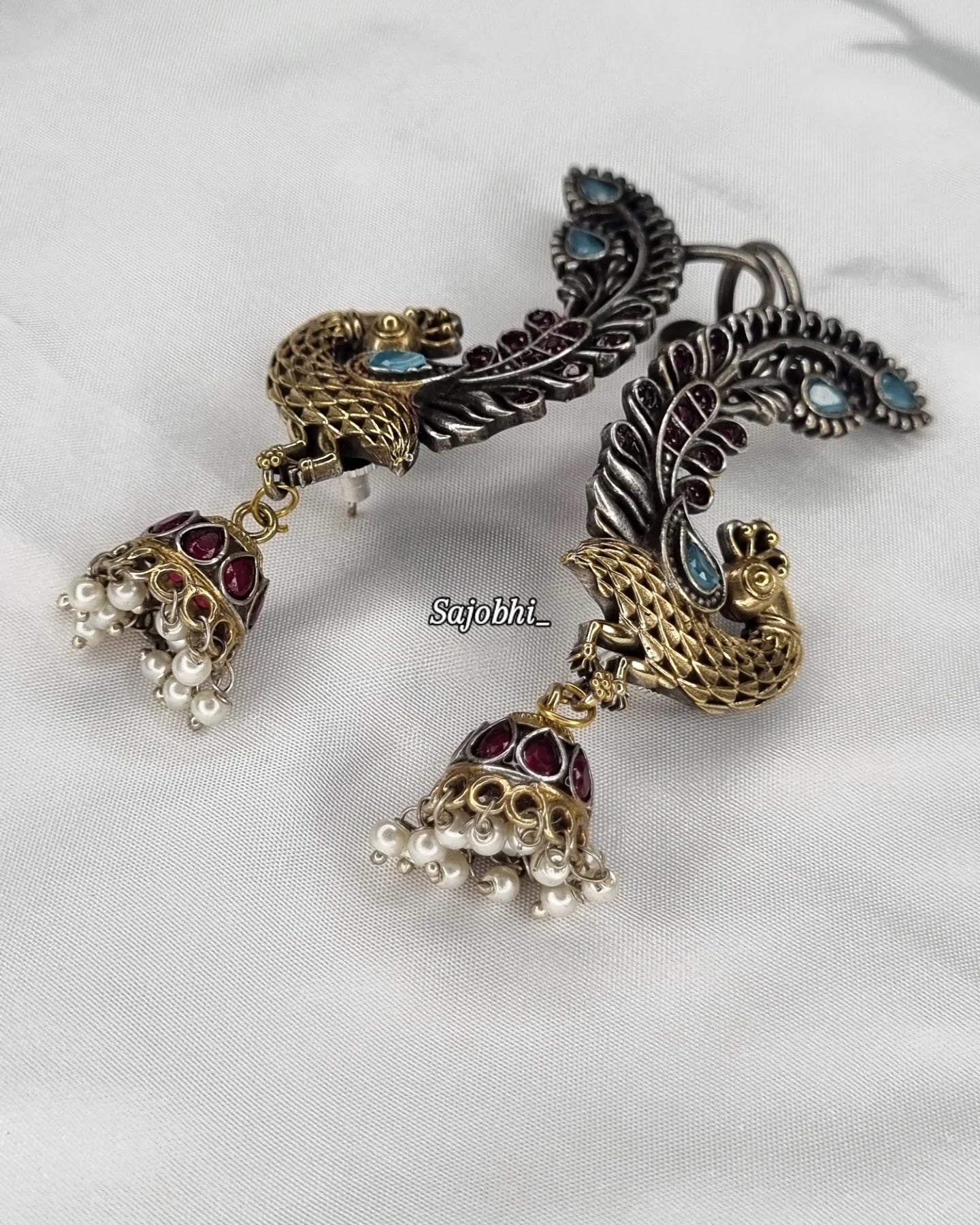 Sajobhi™ Ethnic Fusion Peacock Dangler Jhumkis with Red & Blue Accents