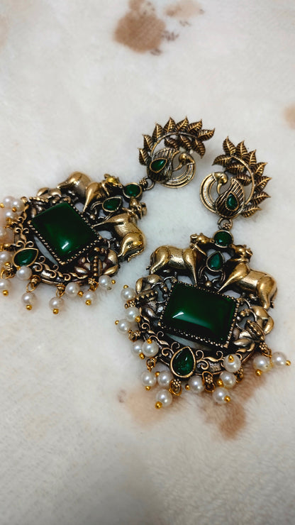 Sajobhi™ Traditional Temple Jewellery Inspired Green Stone & Pearl Earrings