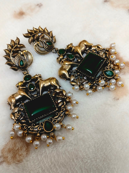 Sajobhi™ Traditional Temple Jewellery Inspired Green Stone & Pearl Earrings