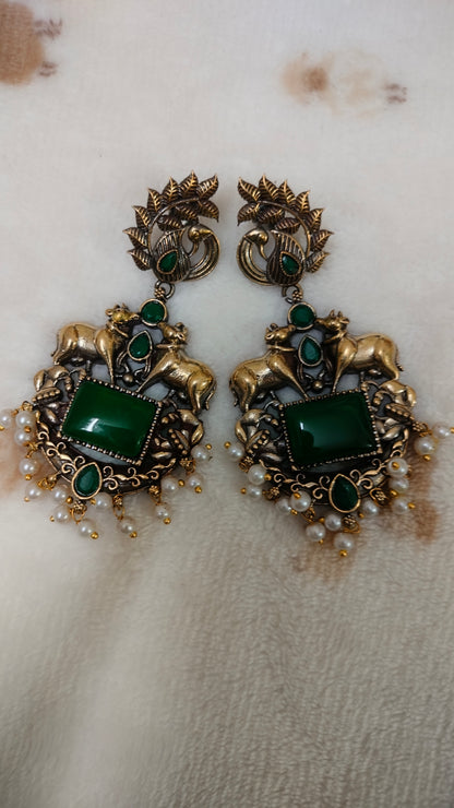 Sajobhi™ Traditional Temple Jewellery Inspired Green Stone & Pearl Earrings