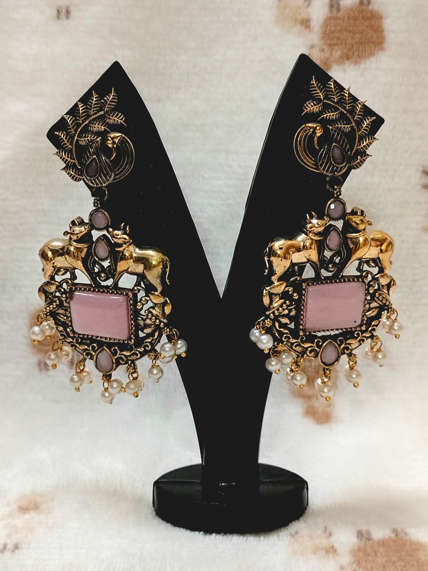 Sajobhi™ Traditional Temple Jewellery Inspired Pink Stone & Pearl Earrings