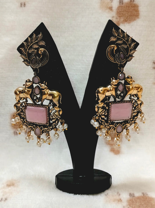 Sajobhi™ Traditional Temple Jewellery Inspired Pink Stone & Pearl Earrings
