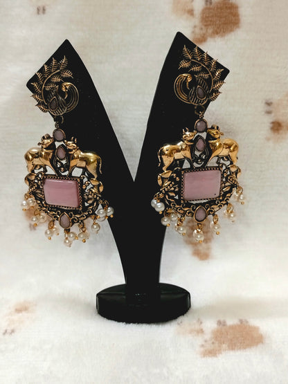 Sajobhi™ Traditional Temple Jewellery Inspired Pink Stone & Pearl Earrings
