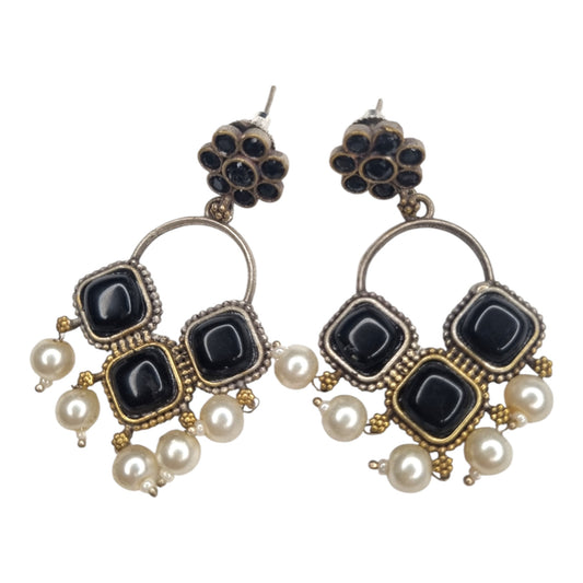 Oxidized Black Stone & Pearl Drop Earrings | Geometric & Mixed Metal Design