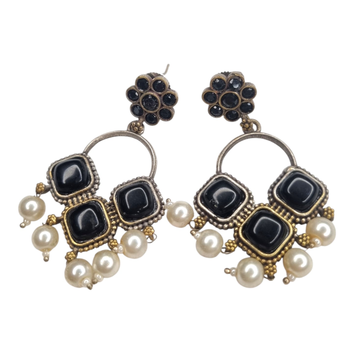 Oxidized Black Stone & Pearl Drop Earrings | Geometric & Mixed Metal Design