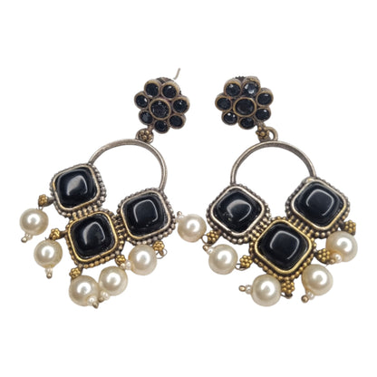 Oxidized Black Stone & Pearl Drop Earrings | Geometric & Mixed Metal Design