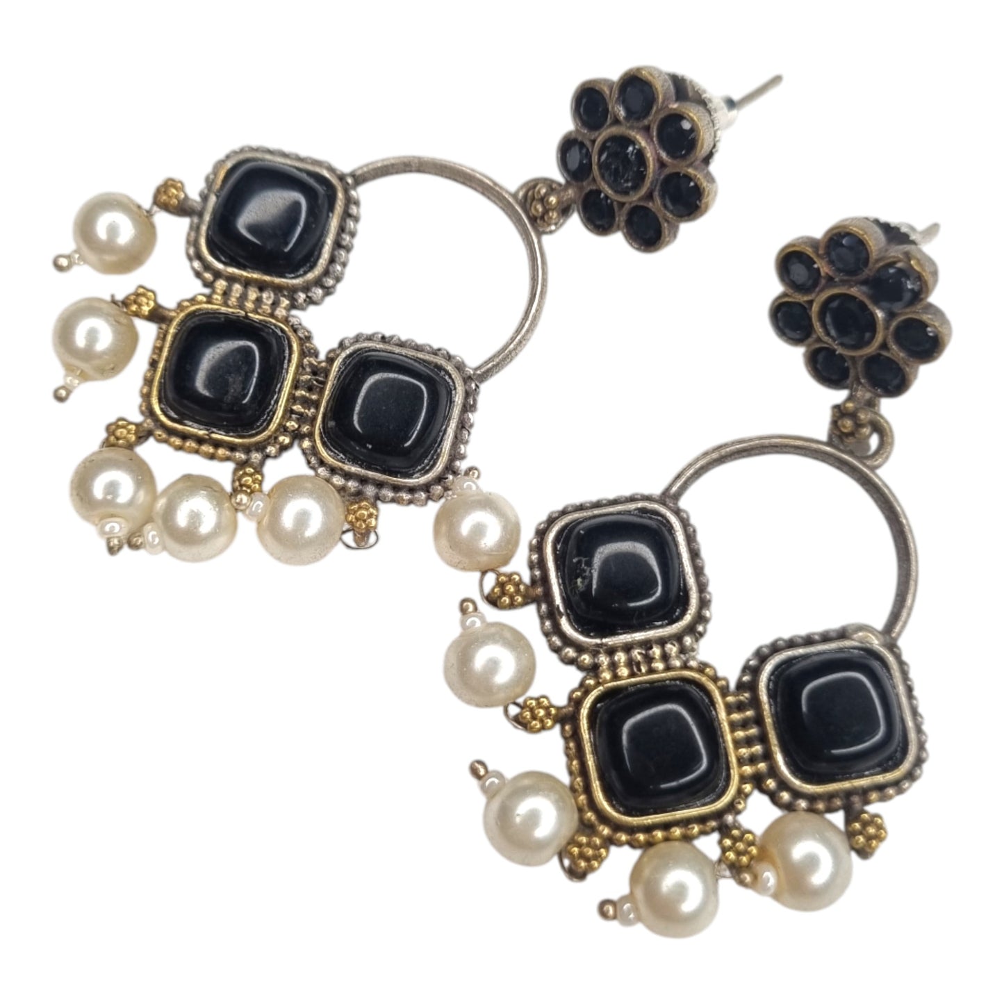 Oxidized Black Stone & Pearl Drop Earrings | Geometric & Mixed Metal Design
