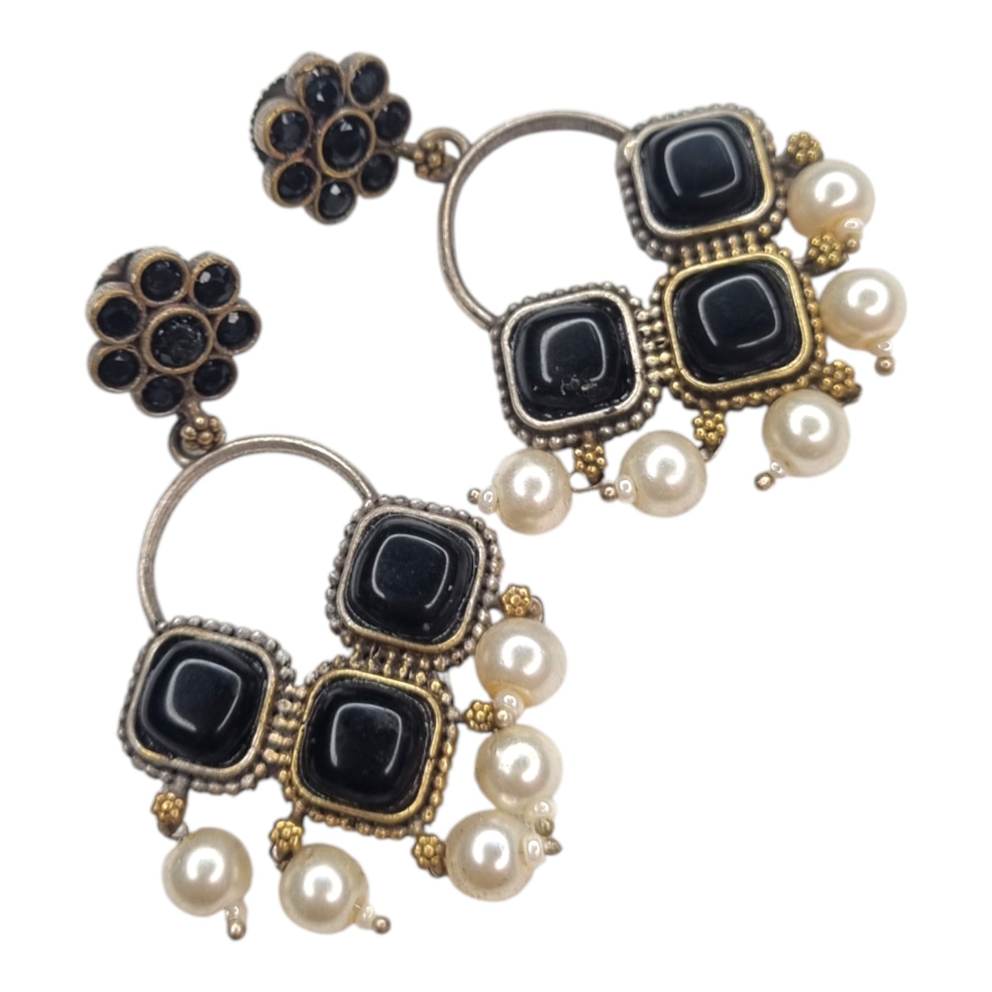 Oxidized Black Stone & Pearl Drop Earrings | Geometric & Mixed Metal Design