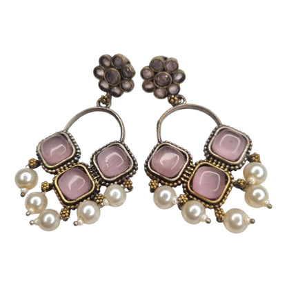 Oxidized Brass Pink Stone & Pearl Drop Earrings | Geometric & Mixed Metal Design