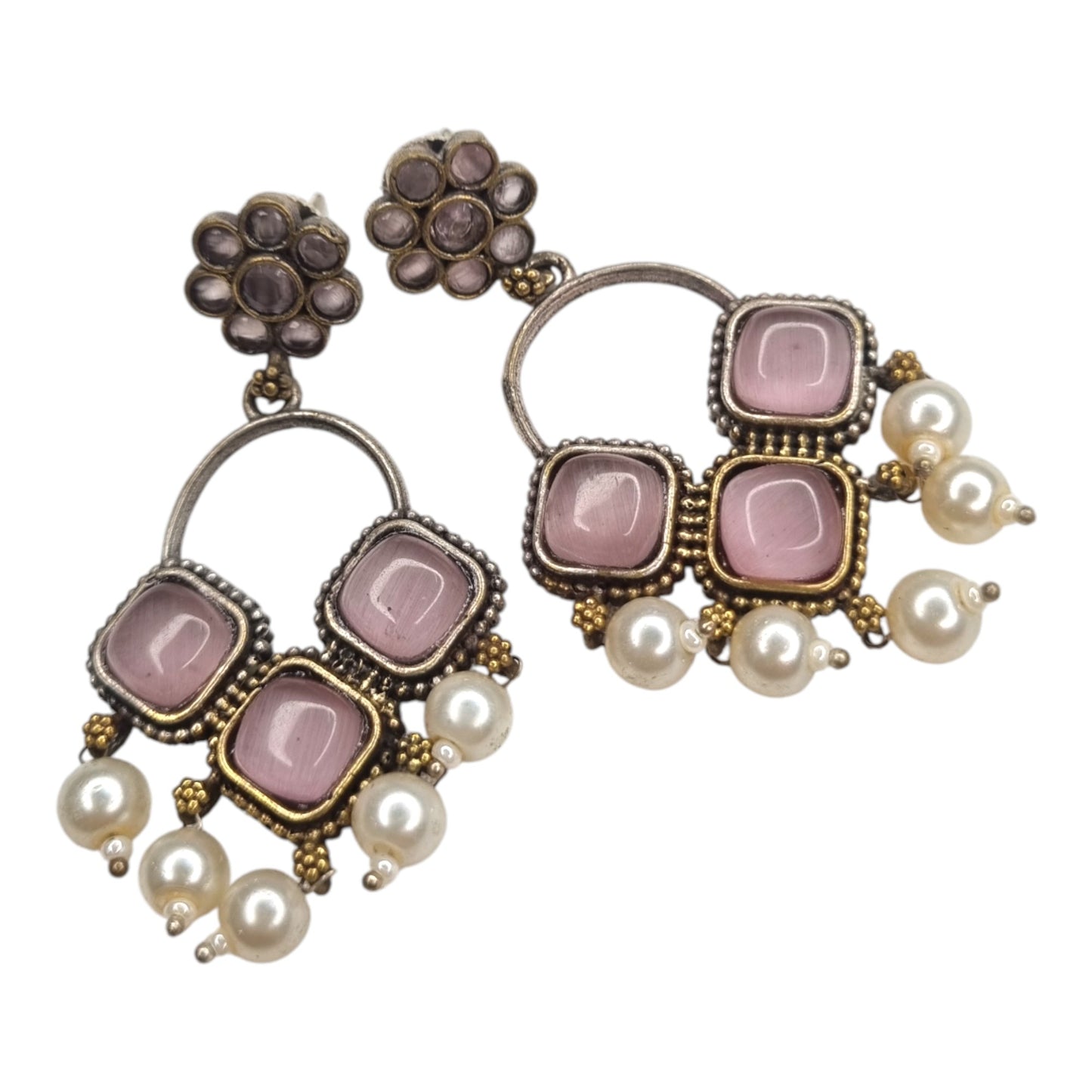 Oxidized Brass Pink Stone & Pearl Drop Earrings | Geometric & Mixed Metal Design