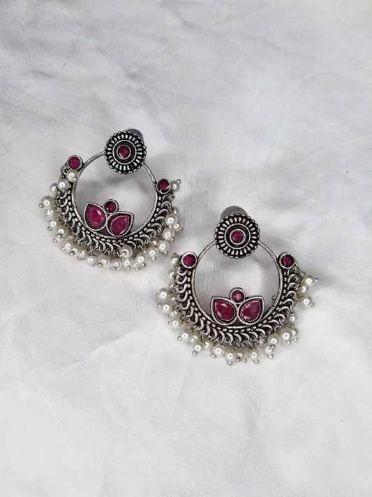 Traditional Kundan Style Oxidized Chandbalis with Pink Gemstones